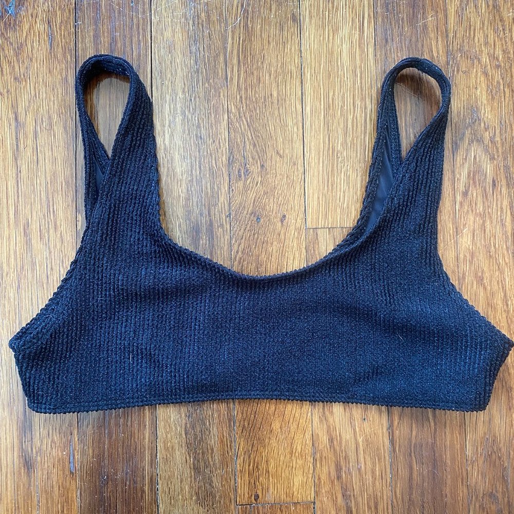 Frankie's Bikinis Wilderness Black Ribbed Scoop-neck Bikini Top Size Medium